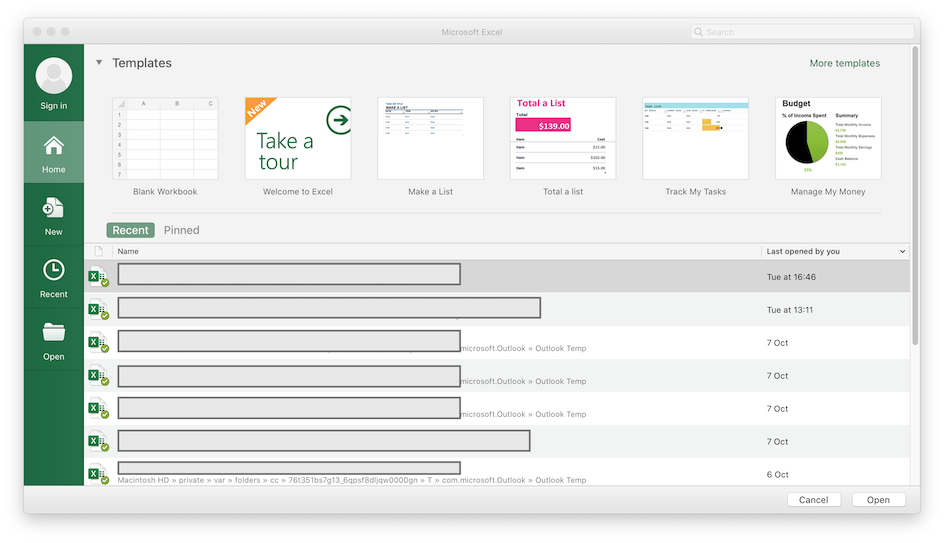 Excel on macOS and the 'unclearable' recently used files list. Note, how the list includes all opened Excel workbooks, including those you just opened from Outlook to have look into them.
