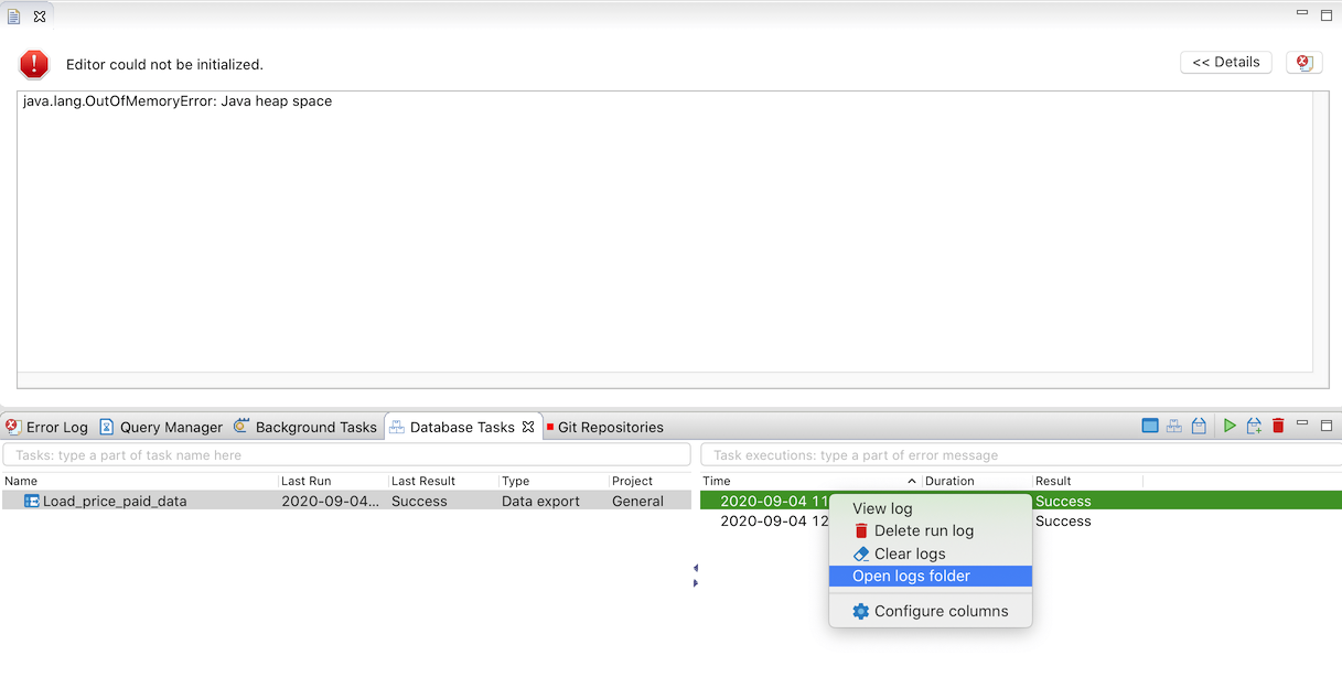 Click right for 'power options' - the context menu for the log files